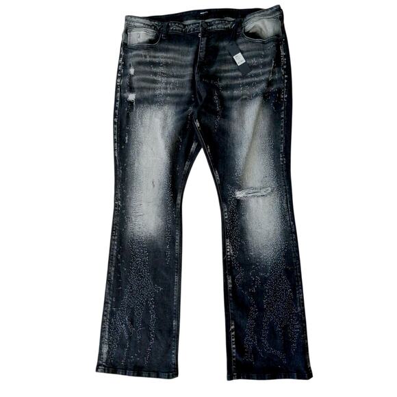 Nova Mens Black Jeans Sz 42 Switch Up The Flow Stacked Slim Fade Detail Distress - Picture 1 of 16